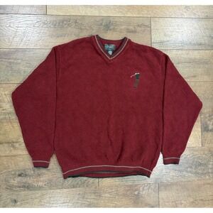 Vintage 90s Haggar Tour Heavy Knit Golf Sweater Embroidered Large Red Made In US